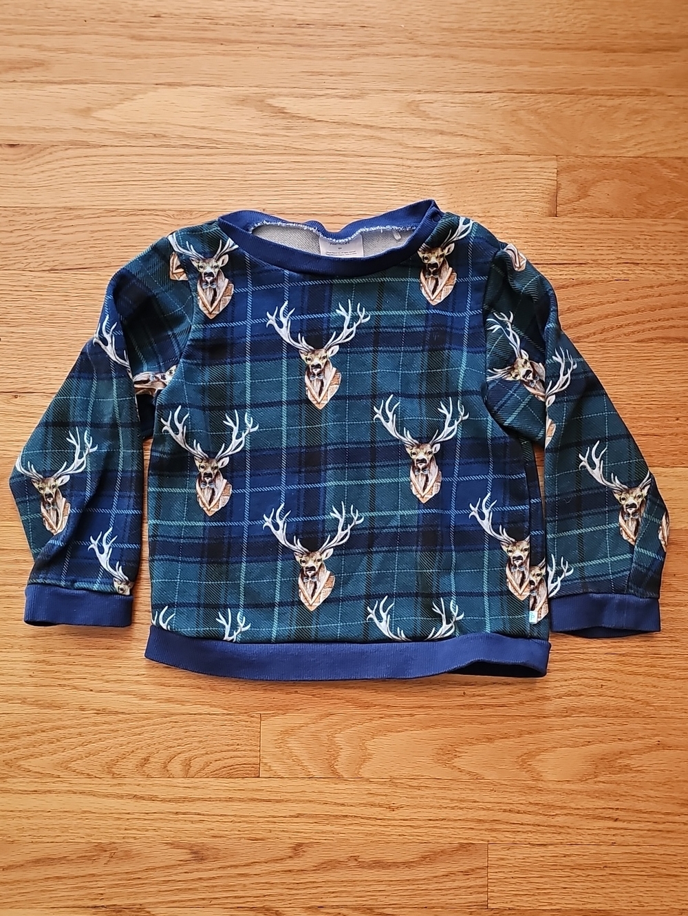 Posh Peanut Boys Long Sleeve Plaid Deer Crewneck Sweatshirt - Navy & Green
